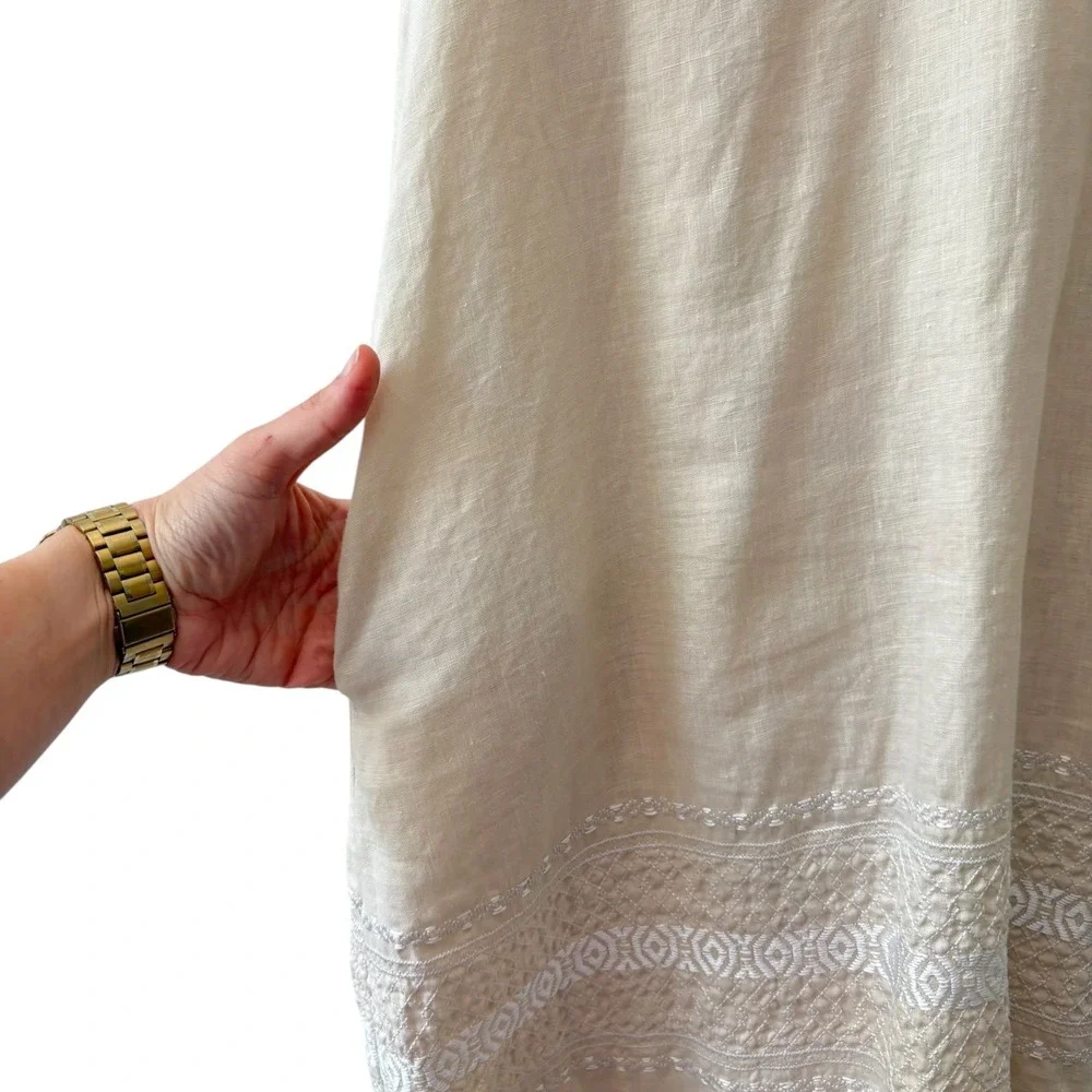 J.McLaughlin Tan Linen Embroidered Sleeveless Shift Dress XL‎ Beige Pockets